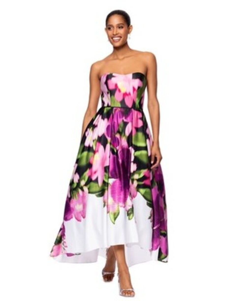 Betsy & Adam Floral Print Strapless Ball Gown Women's 4 White Multi Zip Closure